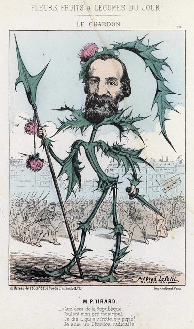 Le Thistle: Karikatur über P. Tirard - Ill. vom 30/03/1871 in „Blumen, Früchte und Gemüse des Tages“ von Alfred Le Petit
