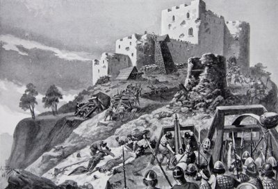 Der walisische Angriff auf Montgomery Castle im Jahr 1095 unter der Führung von Cadwgan ap Bleddyn, Prinz von Powys, Illustration aus 