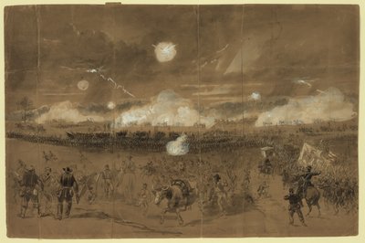 Couchs Korps bildet Schlachtlinie in den Feldern bei Chancellorsville, um den Rückzug des elften Korps zu decken, das schändlich davonläuft von Alfred R. Waud