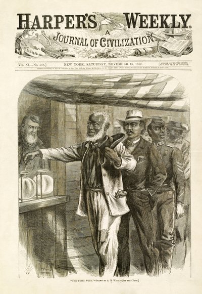 Die erste Wahl, Harpers Weekly, 1867 von Alfred Rudolph Waud