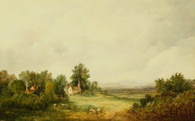 Schafe bei einer Kirche in einer Waldlandschaft von Alfred Vickers