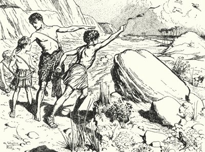 Hannibal und seine Brüder lernen, mit einer Schleuder Steine zu werfen von Alfred Wallis Mills