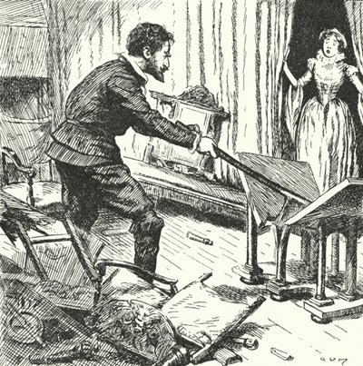 Die Frau des französischen Töpfers Bernard Palissy schaut entsetzt zu, wie er ihre Möbel zertrümmert, um sie als Brennstoff für seine Öfen zu verwenden von Alfred Wallis Mills