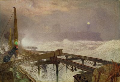 Blaue Lichter, Teignemouth Pier - Lampenanzünden bei Sonnenuntergang, 1868 von Alfred William Hunt