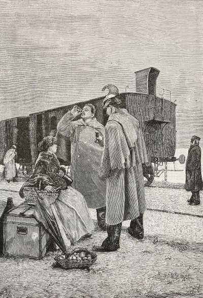 Fünf Minuten Halt, zwei Männer stehen an einem Bahnhof und trinken und essen, Gravur nach einem Gemälde von Alfredo Luxoro, aus L