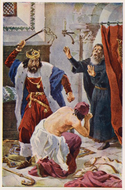 König Peter I. von Portugal bestraft den Bischof von Porto (Farblithografie) von Alfredo Roque Gameiro