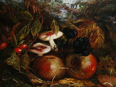 Stillleben mit Pilzen, Äpfeln und Brombeeren von Alice M Wilson
