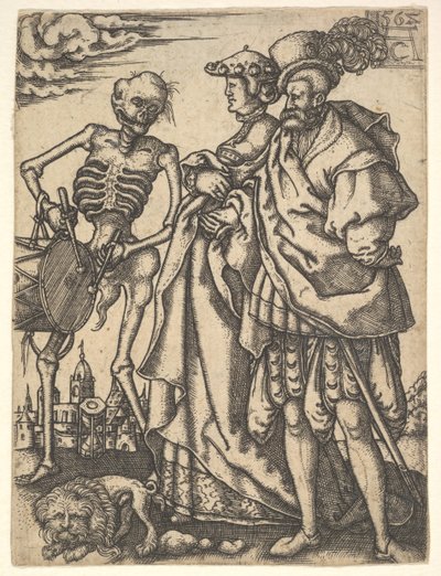 Paar und Tod mit einer Trommel, aus Der Totentanz von Allaert Claesz