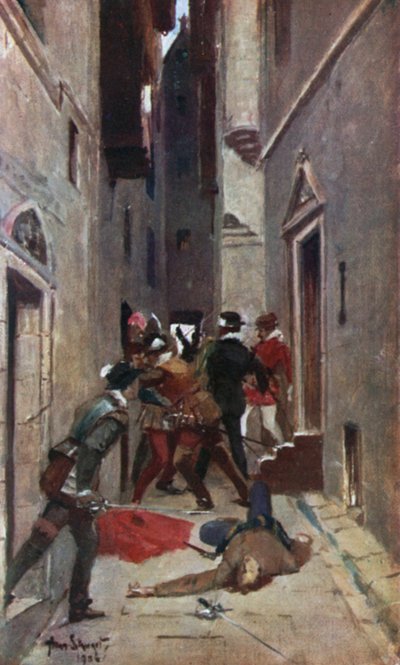 "A Tulzie" in der High Street von Edinburgh. Illustration für Tales of a Grandfather von Sir Walter Scott (Werner Laurie, ca. 1910) von Allan (after) Stewart