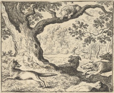 Nach Renards falscher Geschichte wird sein Vater von Jagdhunden gejagt, von Hendrick van ..., 1650-75 von Allart van Everdingen