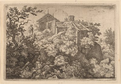 Drei Hütten auf einem Felsen von Allart van Everdingen