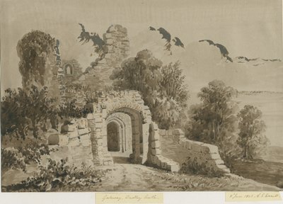 Dudley Castle - Das Tor: Rot-Sepia-Waschzeichnung von Allen Edward Everitt
