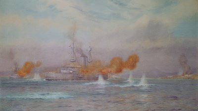 H.M.S. Albion unter dem Kommando von Kapitän A. Walker-Heneage vollendet die Zerstörung der äußeren Forts der Dardanellen im Jahr 1915, 1925 von Alma Claude Burlton Cull