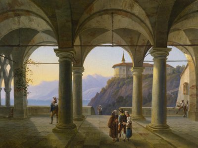 Säulenterrasse mit figürlicher Staffage und Blick auf einen Gebirgssee von Alois Gustav Schulz