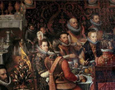 Das Bankett der Monarchen des Hauses Österreich. Detail, das rechts Anne von Österreich (1549-1580), Ehefrau von Philipp II. von Spanien (1527-1598), und links die Infantin Isabella Clara Eugenia (1566-1633) darstellt. von Alonso Sánchez Coello