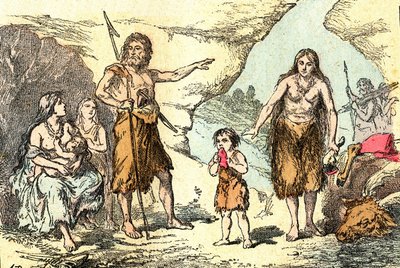 Eine Familie in der Ära der Rentiere (Prähistorie): Natürliche Schöpfung und Lebewesen. Zeichnung von A. Demarle. 1885 von Alphonse Demarle