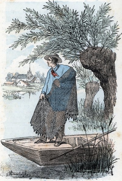 Netzfischen. Gravur aus „Die Bedürfnisse des Lebens“ von Rengade von Alphonse Demarle