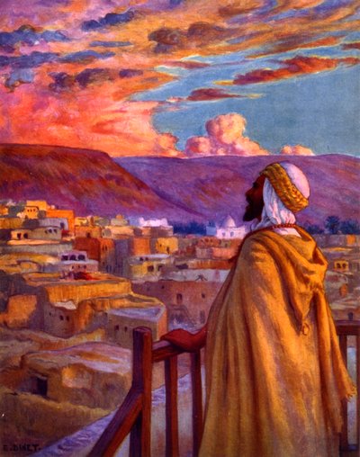 Muezzin ruft die Gläubigen zum Gebet in einem Dorf in der Wüste. Von Nasreddine Dinet (Alphonse-Étienne Dinet). 1861 – 1929. Ein französischer orientalistischer Maler. 1918 von Alphonse Etienne Dinet