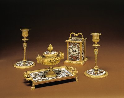 Napoleon III vierteiliges Schreibtischset, Marketerie von Duvinage und Harinckouk, ca. 1877 von Alphonse Gustave Giroux