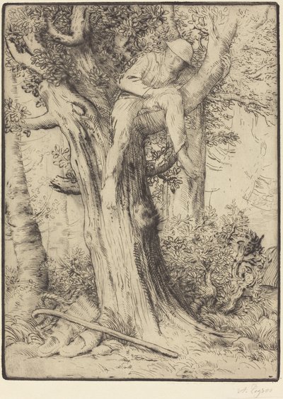 Landschaft mit einem Jungen im Baum (Detail) von Alphonse Legros