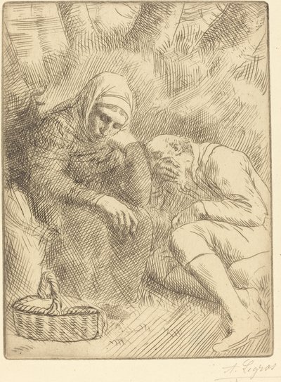 Mann und Frau sitzen am Straßenrand mit einem Korb von Alphonse Legros