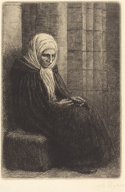 Frau sitzt an einer Wand, Kind mit Kopf in ihrem Schoß von Alphonse Legros