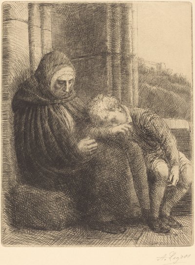 Frau sitzt an einer Wand, Kind mit Kopf in ihrem Schoß von Alphonse Legros