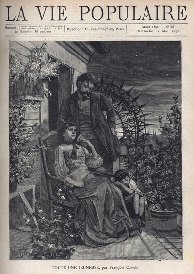 Nachts, auf einem blumigen Balkon, versammelt sich eine Familie um die Mutter, die auf einem Sessel sitzt und die Hand ihres hinter ihr stehenden Mannes hält, beide sehen traurig und erschossen aus. Zu ihren Füßen, den Kopf auf die Mutter gelegt, schläft e von Alphonse Mucha