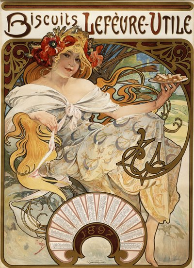 Biscuits Lefevre-Utile, entworfen als Kalender für 1897, 1896 von Alphonse Mucha