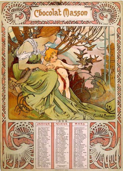 Schokoladenkalender von Masson, illustriert von Mucha (1860–1939), einem tschechischen Jugendstilmaler von Alphonse Mucha