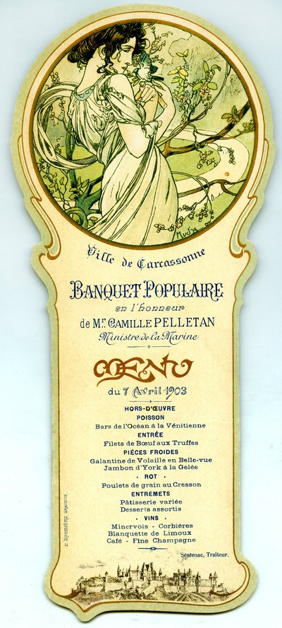 Menü eines Volksbanketts, organisiert in Carcassonne am 7. April von Alphonse Mucha