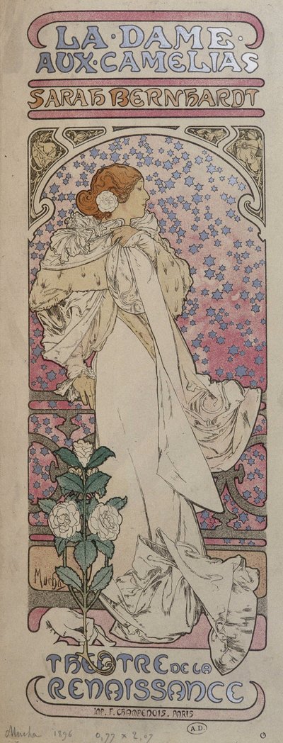 Plakat für „Die Kameliendame“ im Renaissance-Theater mit Henriette Rosine Bernard genannt Sarah Bernhardt (1844-1923) - von Mucha von Alphonse Mucha