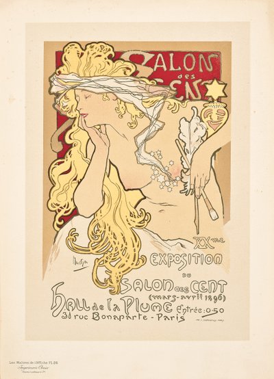 Reproduktion eines Plakats, das die Salon des Cent Ausstellung in der Hall de la Plume bewirbt von Alphonse Mucha