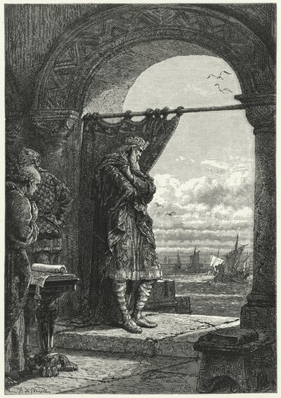 Karl der Große beobachtet besorgt das Herannahen von Schiffen mit normannischen Plünderern von Alphonse Marie de (after) Neuville