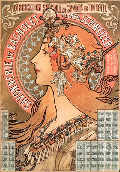 Kalenderseite des Jahres 1898, dekoriert mit einer Werbeillustration von Alphonse Mucha für die Seifenfirma Savonnerie de Bagnolet Alfred Schweizer von Alphonse Mucha