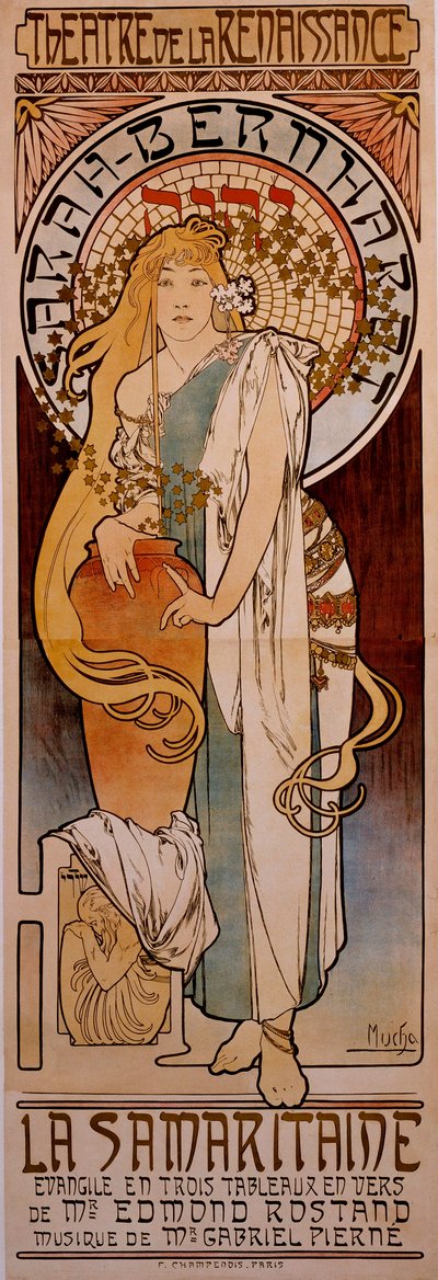 Plakat für das Stück „La Samaritaine“ von Edmond Rostand, aufgeführt von Henriette Rosine Bernard, genannt Sarah Bernhardt (1844-1923), 1897 im Théâtre de la Renaissance. Zeichnung von Alphonse Mucha (1860-1939) von Alphonse Mucha