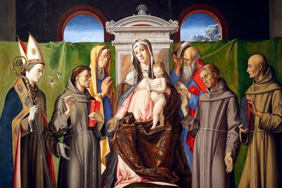 Madonna und Kind auf dem Thron mit den Heiligen Ludwig von Toulouse, Antonius von Padua, Anna, Joachim, Franziskus und Bernhardin von Siena von Alvise Vivarini
