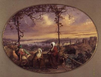 Blick von der Terrasse eines Hauses in Galata, mit einem Türken, seiner Frau und einem Diener, die auf die Mündung des Goldenen Horns und den Bosporus blicken von Amadeo Preziosi