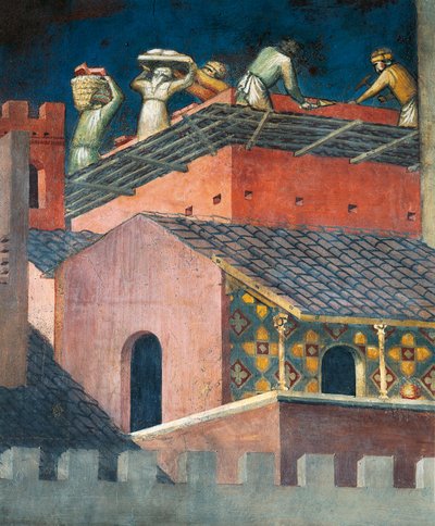 Wirkungen der guten Regierung in der Stadt, Maurer bei der Arbeit (Detail) von Ambrogio Lorenzetti