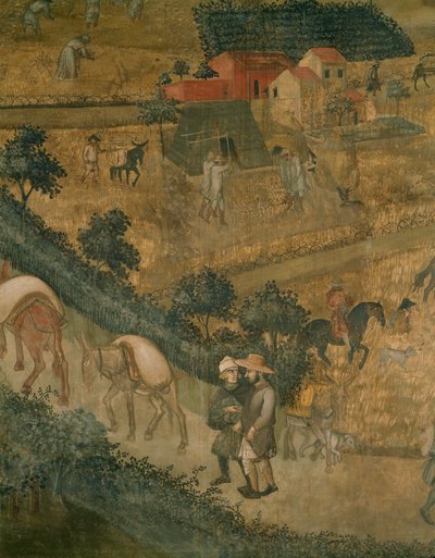 Landschaft mit Eseln, die Säcke tragen von Ambrogio Lorenzetti