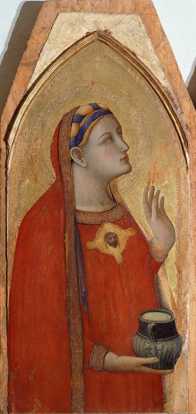 Maria Magdalena, (Detail) aus Triptychon, das Madonna mit Kind mit Maria Magdalena und St. Dorothea darstellt, von Ambrogio Lorenzetti (1290-ca 1348), Öl auf Holz von Ambrogio Lorenzetti