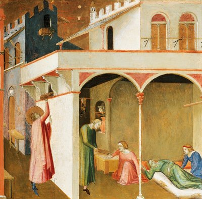 St. Nikolaus bietet drei armen Mädchen ihre Mitgift an (Detail) von Ambrogio Lorenzetti