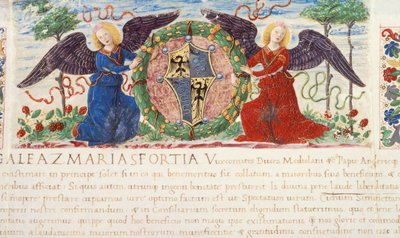 Engel, die ein Schild mit einem Sforza-Wappen halten, Miniatur von Ambrogio Bergognone aus einem Manuskript, Italien 1477 von Ambrogio da Fossano (c.1460 1523)