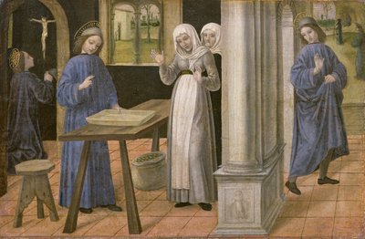 Das Gebet, das Wunder des Siebs und die Abreise nach Subiaco, Predella-Tafel eines Altars mit Szenen aus dem Leben des hl. Benedikt, 1488-95 von Ambrogio da Fossano