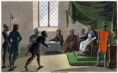 Childebert II. der Gerechte, der seinen Untertanen Gerechtigkeit widerfahren lässt (711). Gezeichnet und graviert von Ambroise Tardieu im Jahr 1825 von Ambroise Tardieu