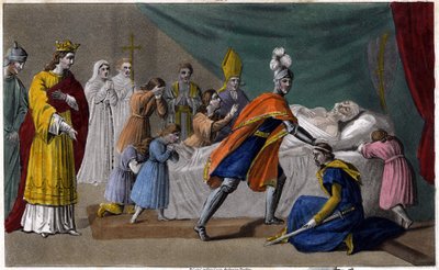 Tod von Pippin von Herstal (635-714) umgeben von seiner Familie - Tod von Pippin von Herstal (Großvater von Pippin dem Kurzen), umgeben von seiner Familie und in Anwesenheit von Dagobert III. (714) - Gezeichnet und graviert von Ambroise Tardieu im Jahr 182 von Ambroise Tardieu