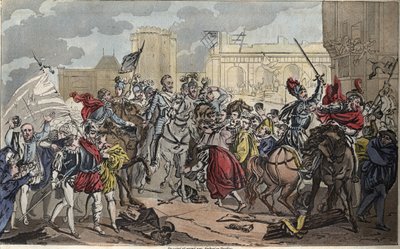 Einzug von Heinrich IV. in Paris: Heinrich IV. (1553 - 1610). Die Konversion des Königs zum Katholizismus brachte den letzten Schlag gegen die Liga, öffnete die Tore von Paris und das Herz seiner Untertanen im Jahr 1594. - Zeichnung und Gravur von Ambroise von Ambroise Tardieu