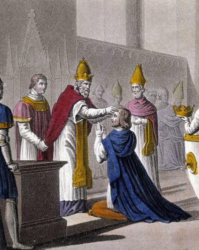 Ludwig II. wurde ein zweites Mal auf dem Konzil von Troyes von Johannes VIII. im Jahr 879 geweiht (Detail von 33595). Entworfen und graviert von Ambroise Tardieu im Jahr 1825 von Ambroise Tardieu