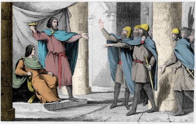 Ludwig V. der Faule zeigt seinen Anhängern 986 seine Krone - Ludwig V. der Faule (ca. 967-987), zum König von Frankreich ausgerufen durch den Schutz von Hugues Capet, der 986 König von Frankreich wurde - Gravur von 1825 in „Histoire de France“ dargestellt  von Ambroise Tardieu