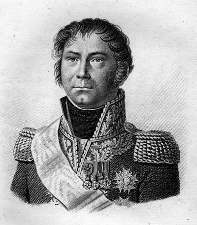 Porträt von General Becker, der Napoleon I. 1815 zu seinem Einschiffungsort nach St. Helena nach den 100 Tagen begleitete - in „Portraits des Généraux Français“. Graviert von Ambroise Tardieu im Jahr 1818. Stella Sammlung von Ambroise Tardieu